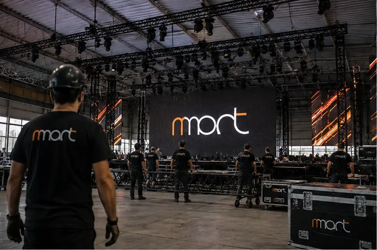 Equipe da NMont montando treliça, iluminação e painel de LED no galpão do evento