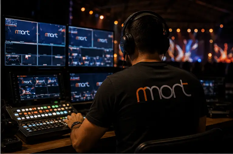 Operador de headset no switcher de vídeo, diante dos monitores de transmissão, com o show ao fundo